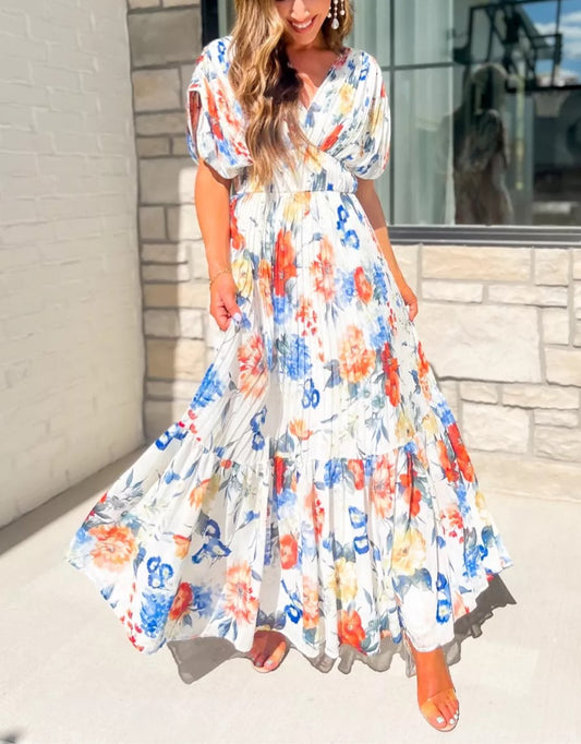 Floral Draped Sleeve Pleated Maxi Dress