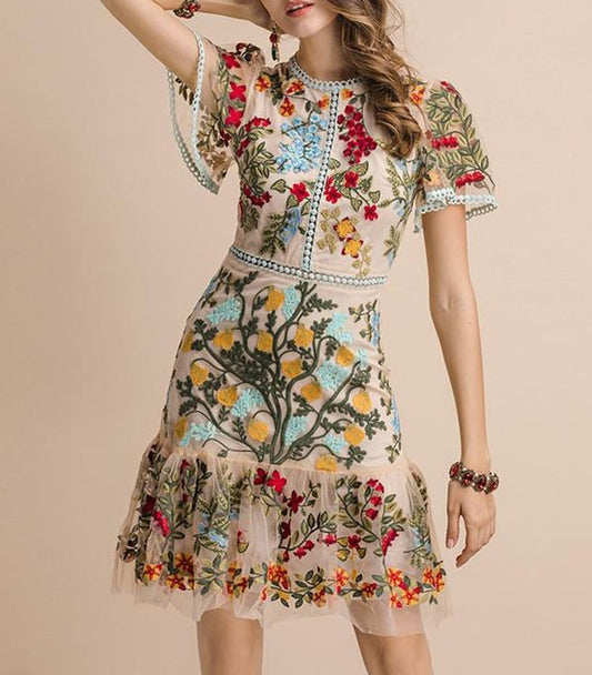 Floral Embroidery Elegant Mesh Hollow Out Midi Dress