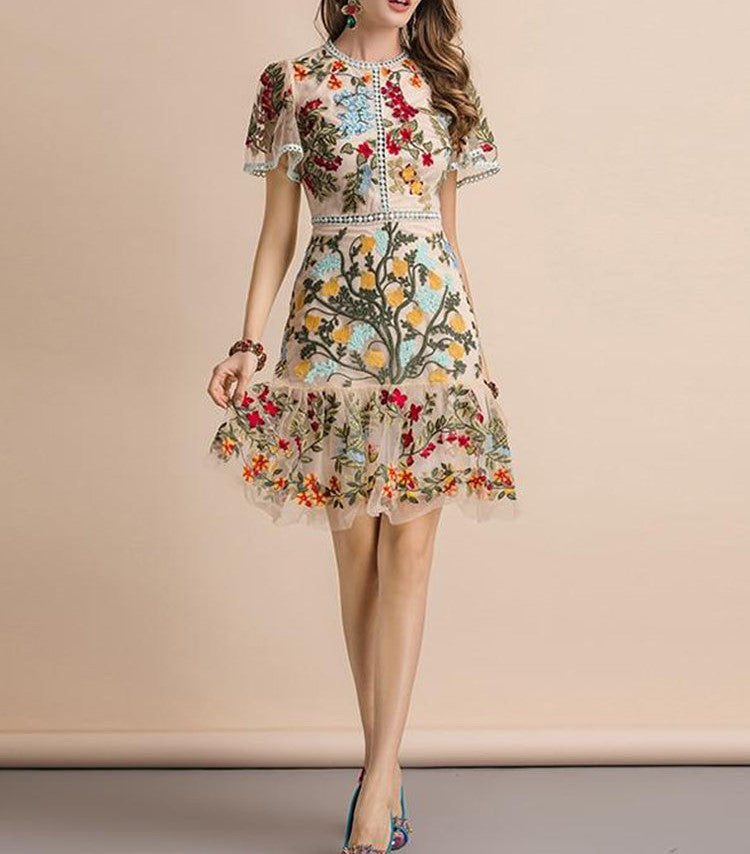 Floral Embroidery Elegant Mesh Hollow Out Midi Dress