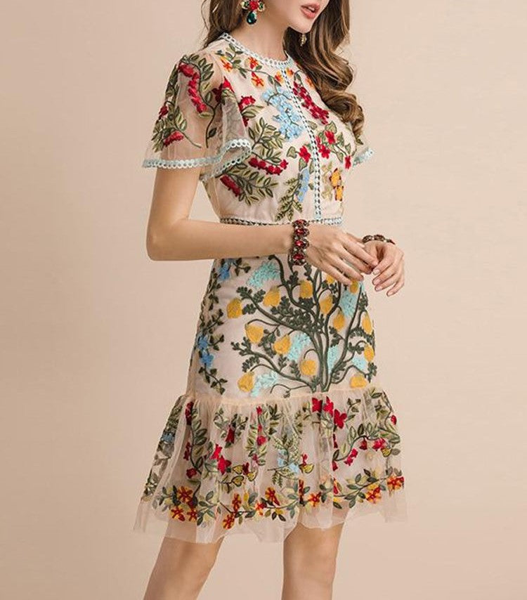 Floral Embroidery Elegant Mesh Hollow Out Midi Dress