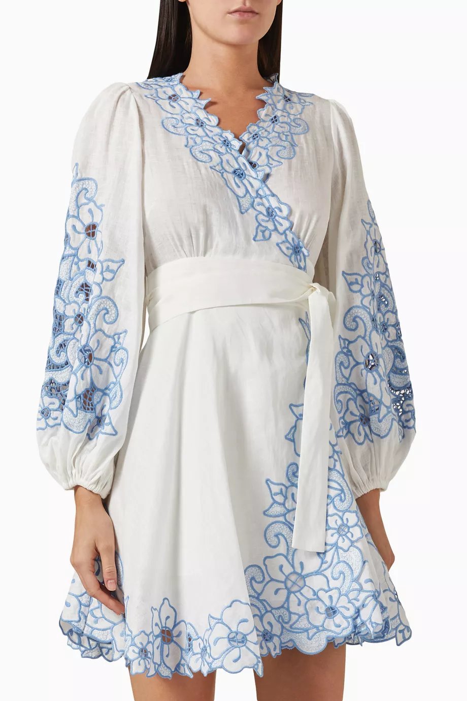 Embroidered Wrap Mini Dress In Linen