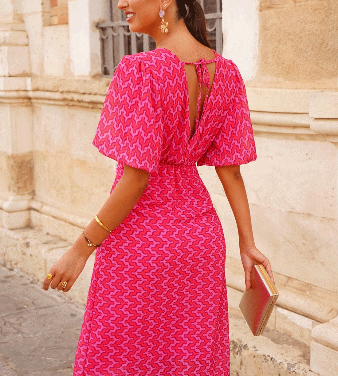 Bubble Sleeve V-Neck Print Dress