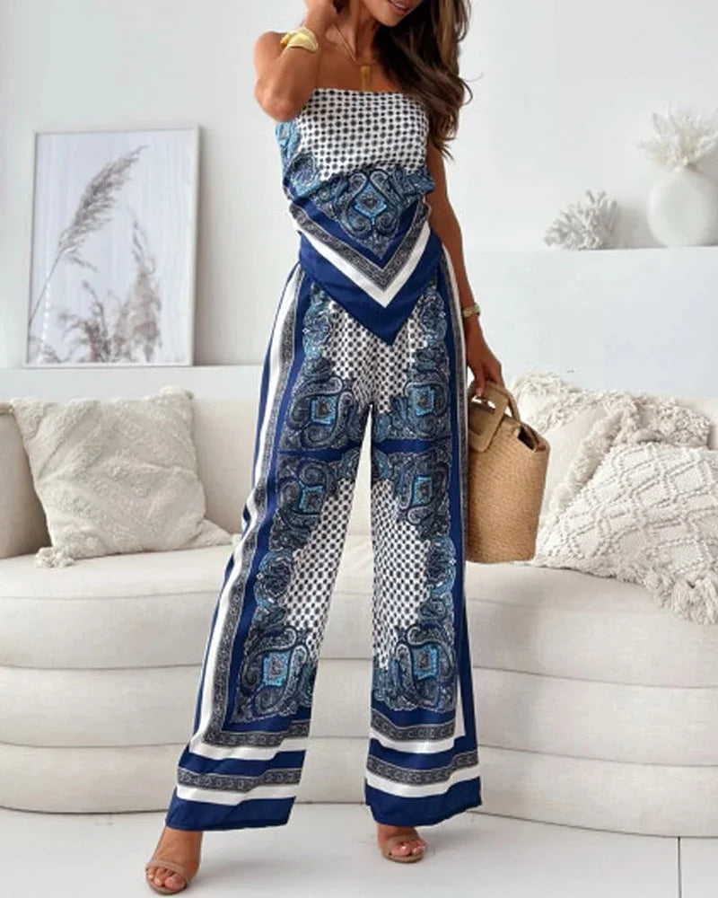 Stylish Printed Lace-Up Vest & Pants Two-Piece Set