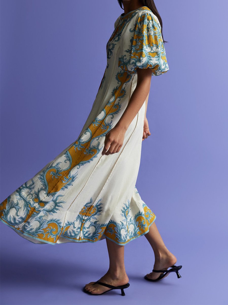 Puff Sleeve Printed Patchwork Midi Dress