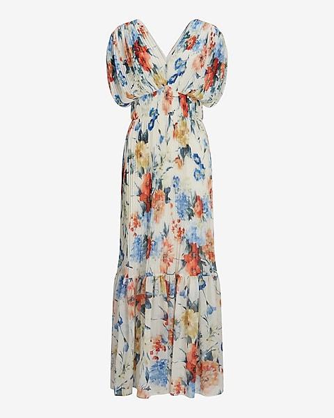 Floral Draped Sleeve Pleated Maxi Dress