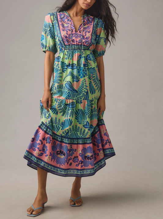 Farm Rio Short-Sleeve Tiered A-Line Midi Dress