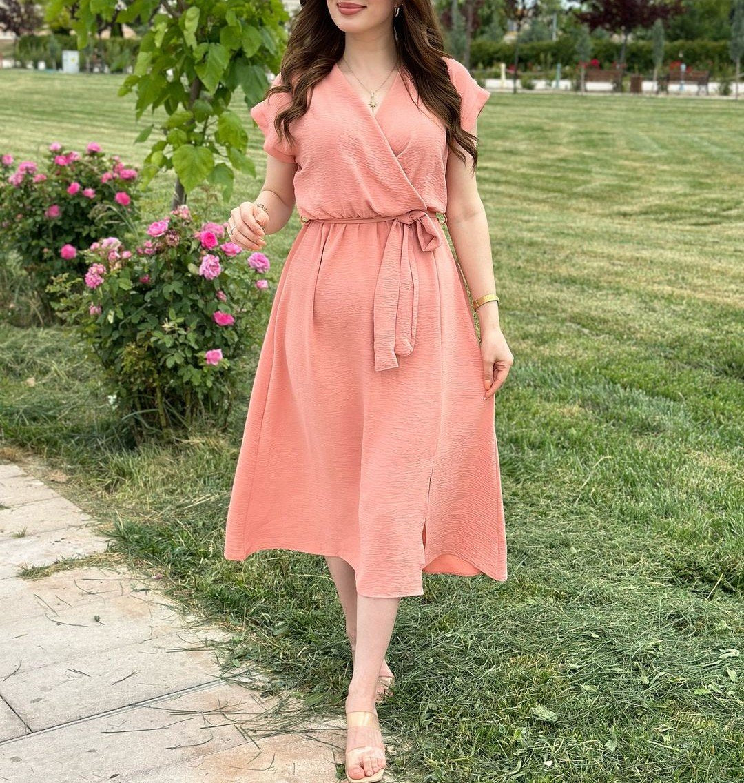 V-Neck Solid Bow Lace-Up Midi Dress