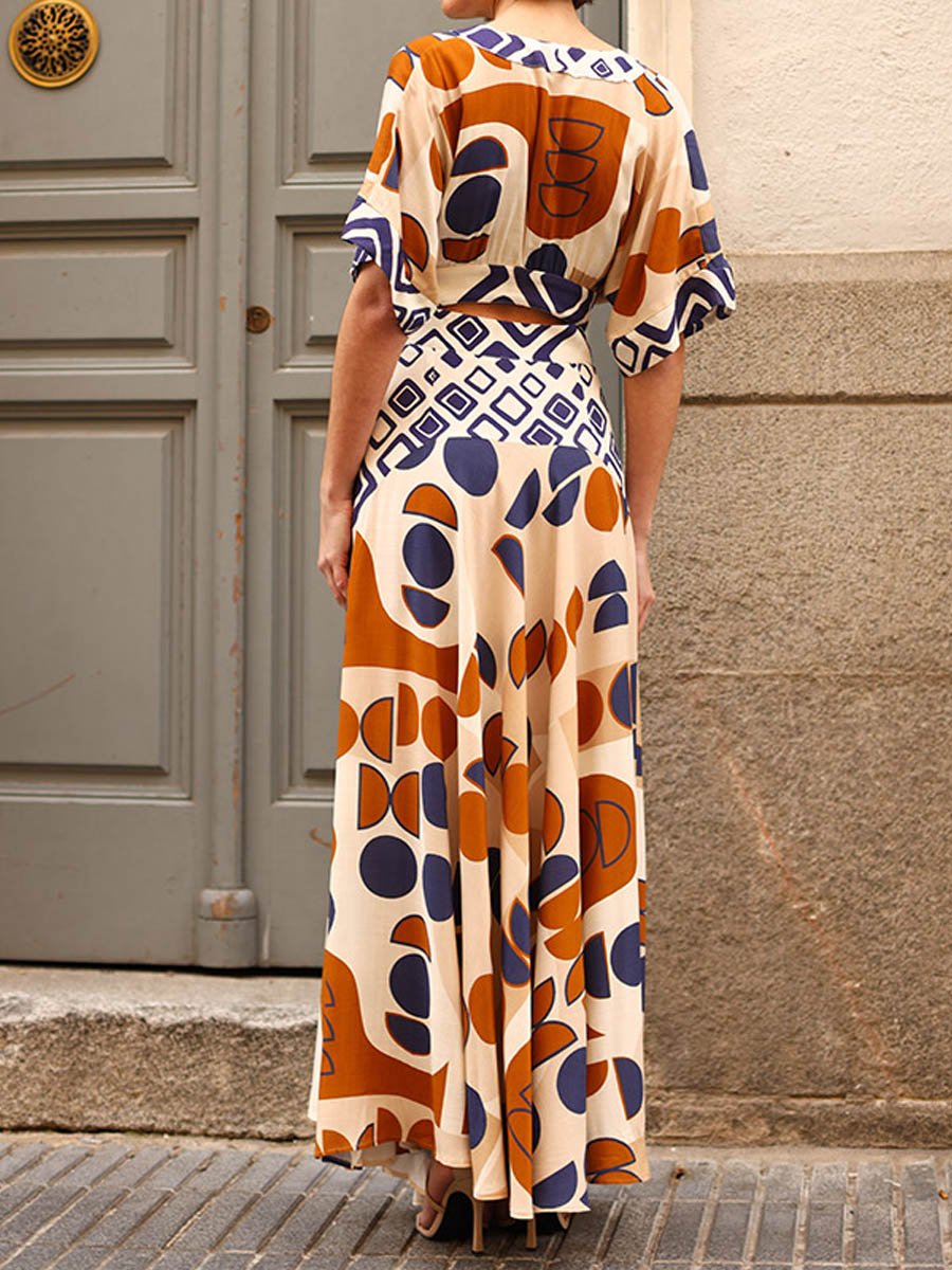 V Neck Cutout Printed Maxi Dress