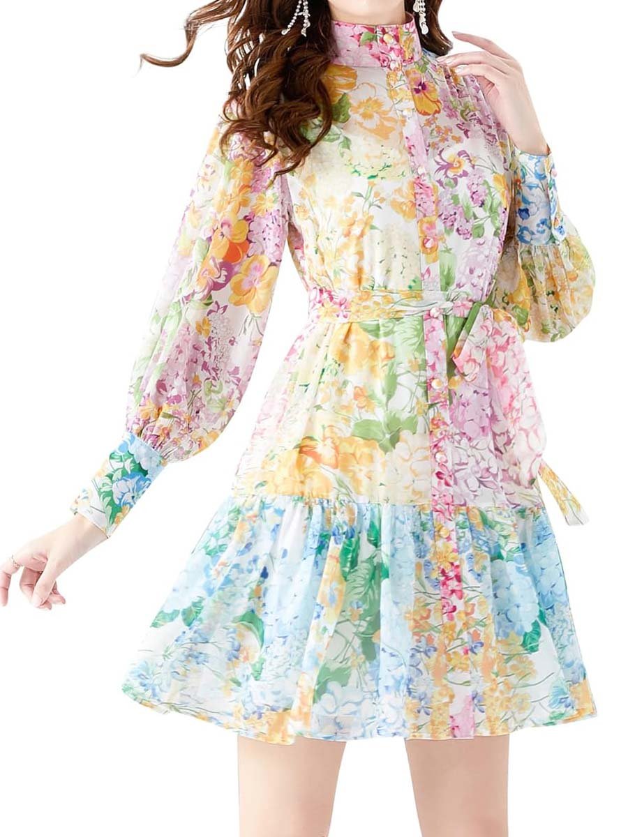 Stand Collar Lantern Sleeve Print Dress