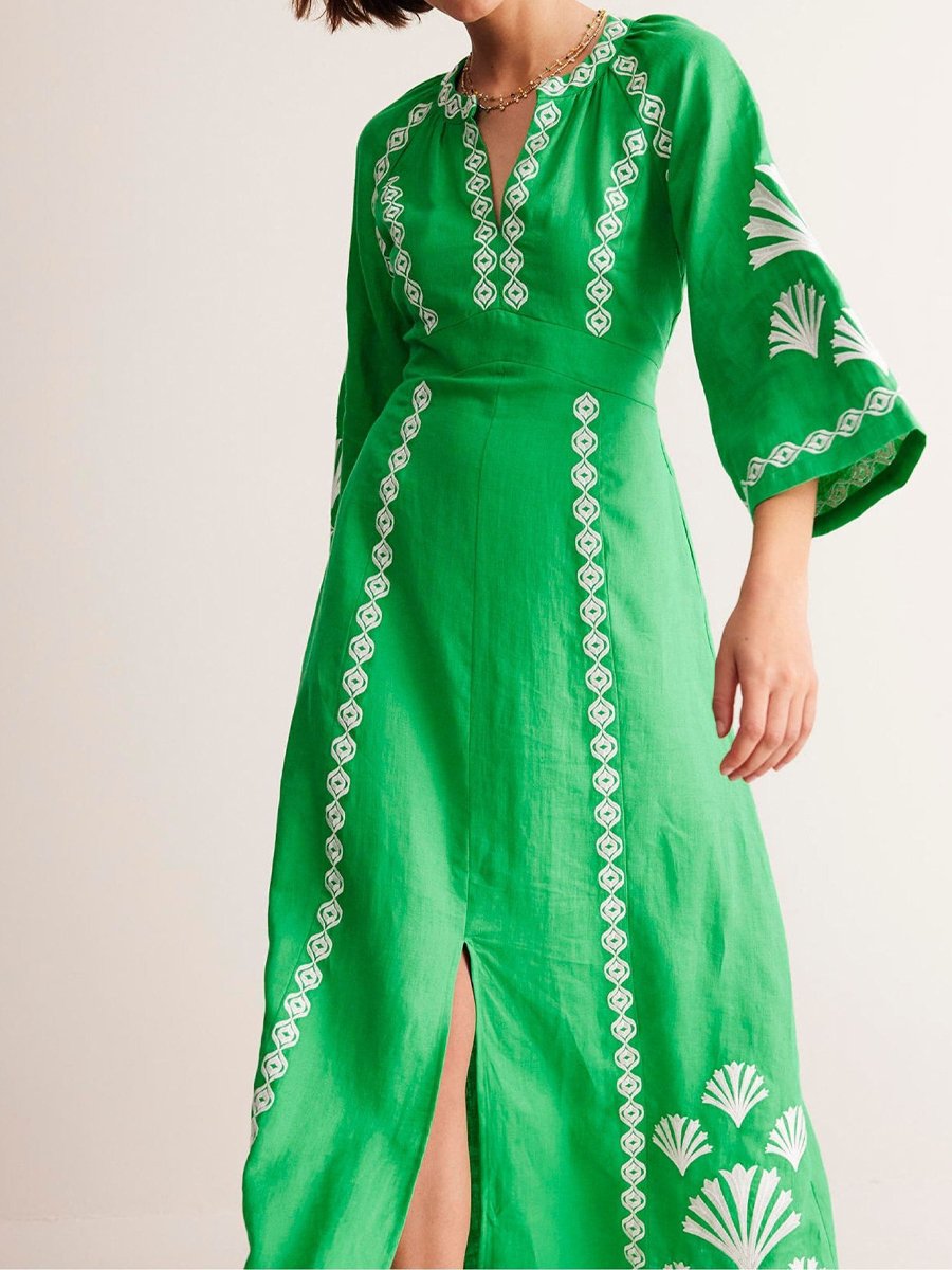 Split Neck Printed Embroidered Dress