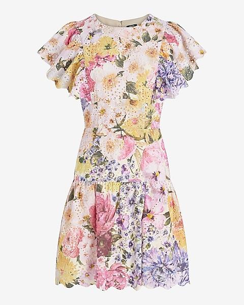 Floral Eyelet Flutter Sleeve Mini Fit And Flare Dress