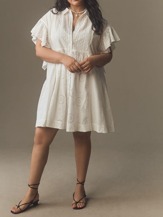 Flutter-Sleeve Collared Eyelet Mini Dress