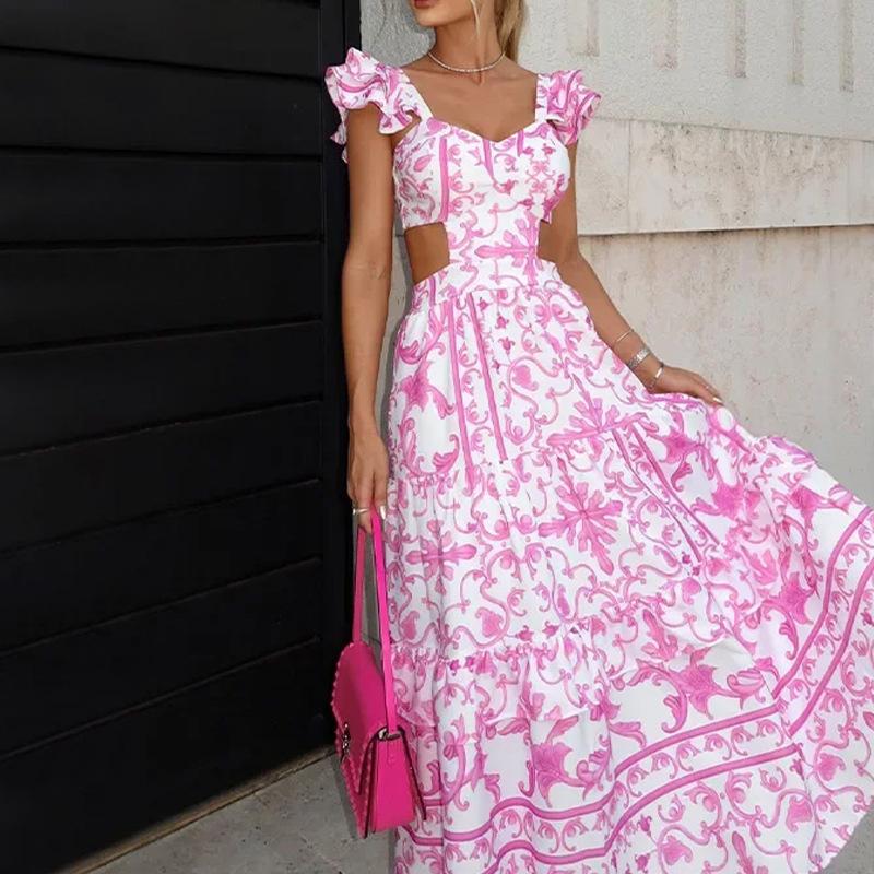 Padded Waist-Print Maxi Dress