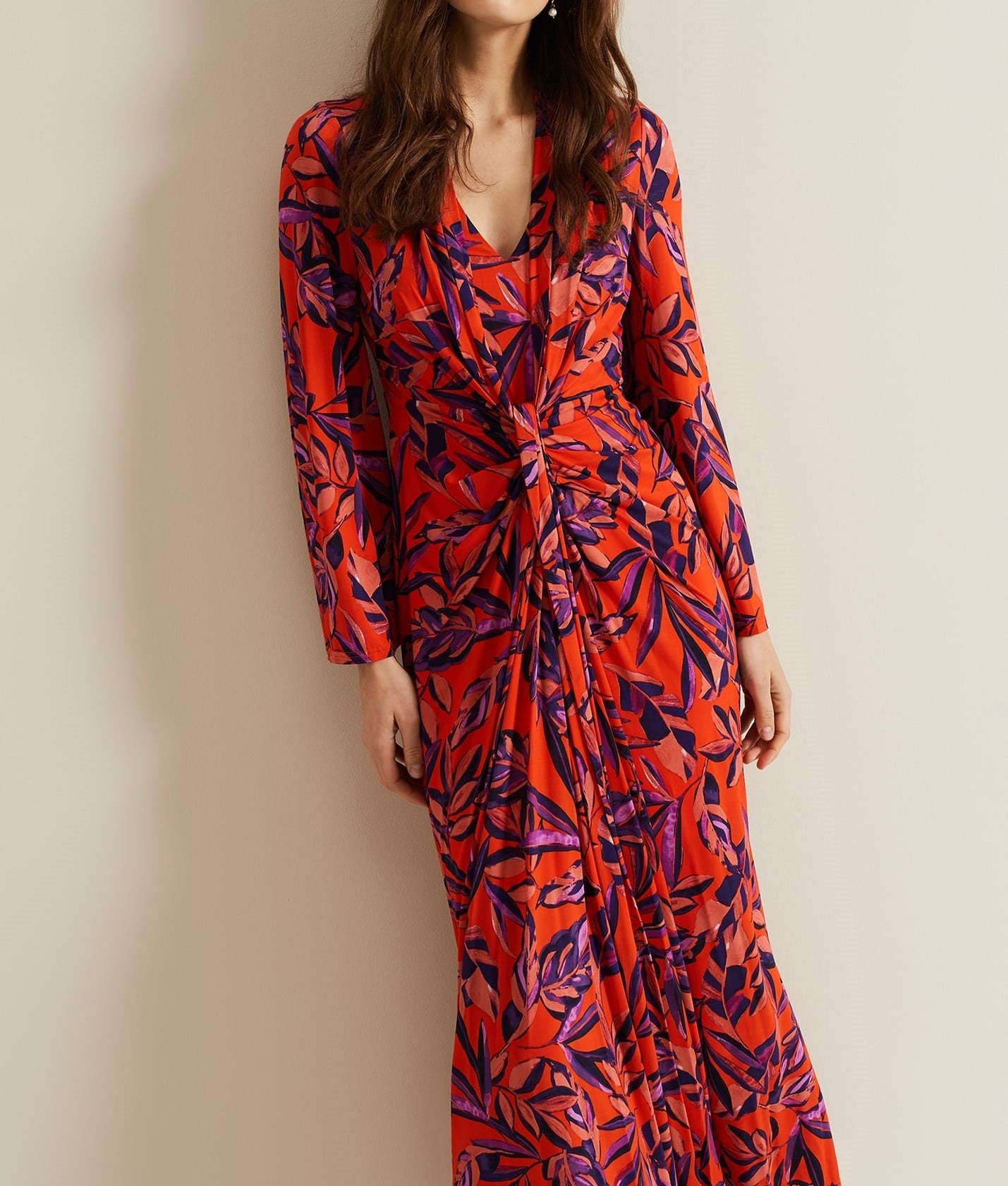 Jersey Leaf Print Maxi Dress