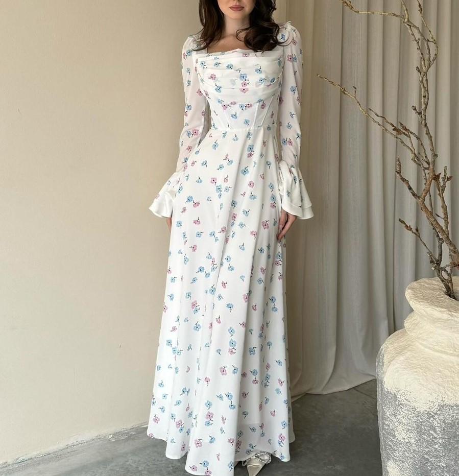 Printed Trumpet Sleeve Maxi Dress