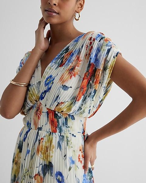 Floral Draped Sleeve Pleated Maxi Dress