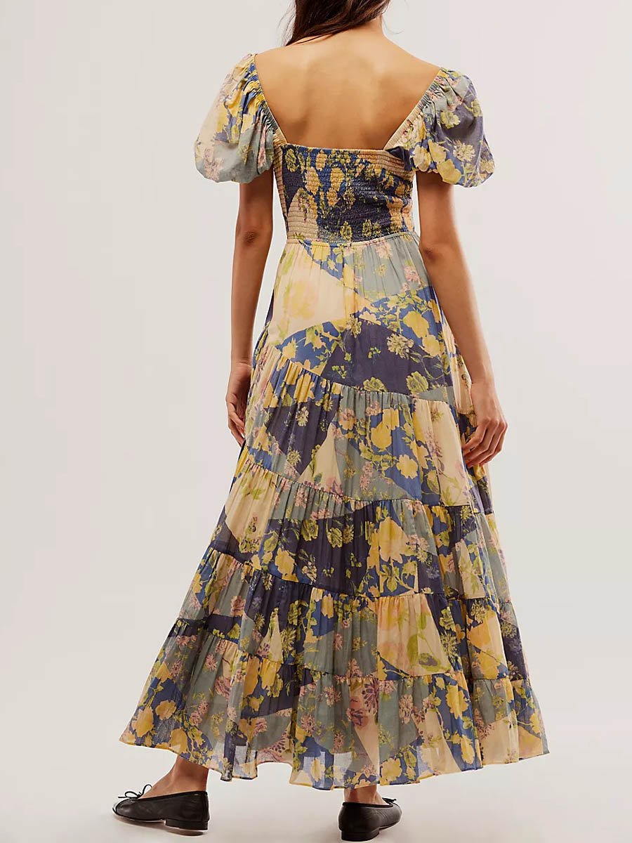 Digital Printed Bohemian Floral Patchwork V Neck Dress