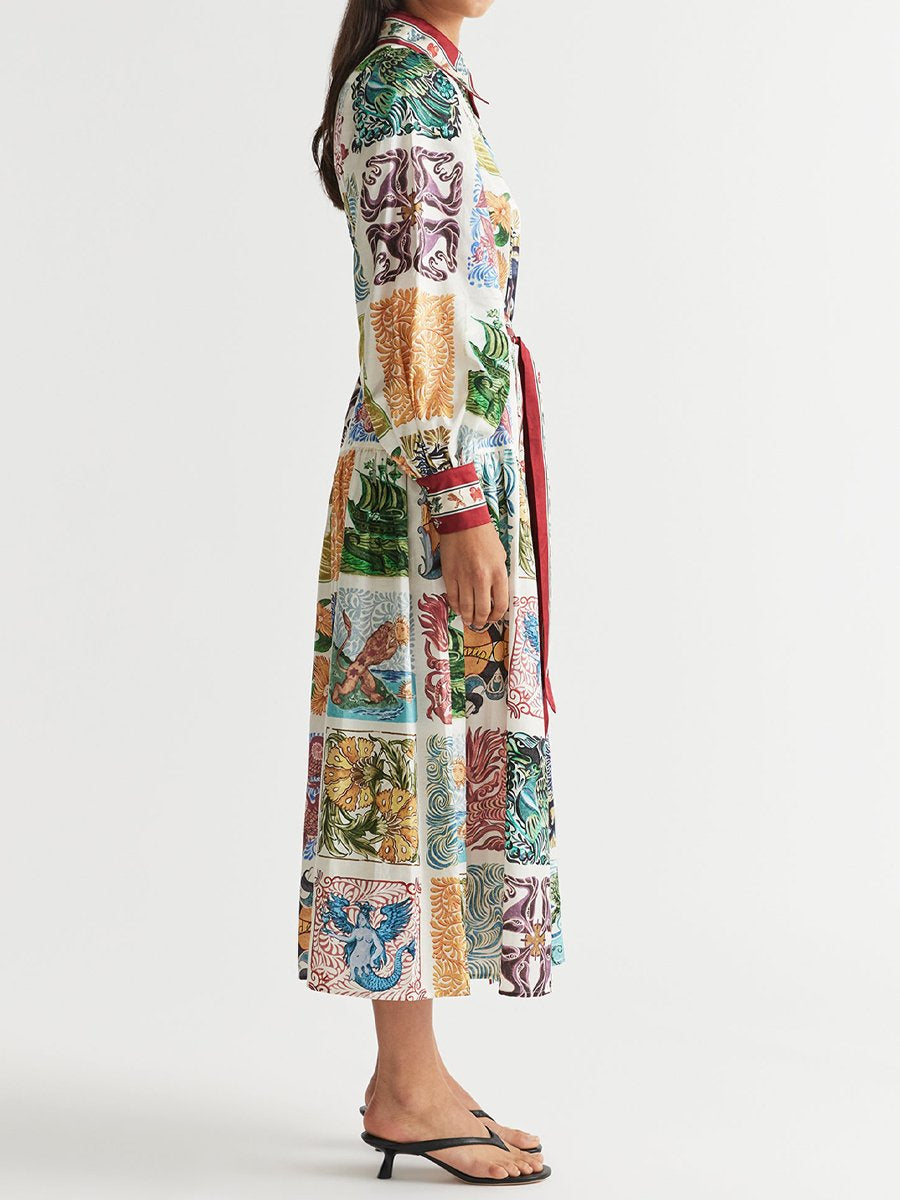 Printed Lantern Sleeve Belted Maxi Shirtdress