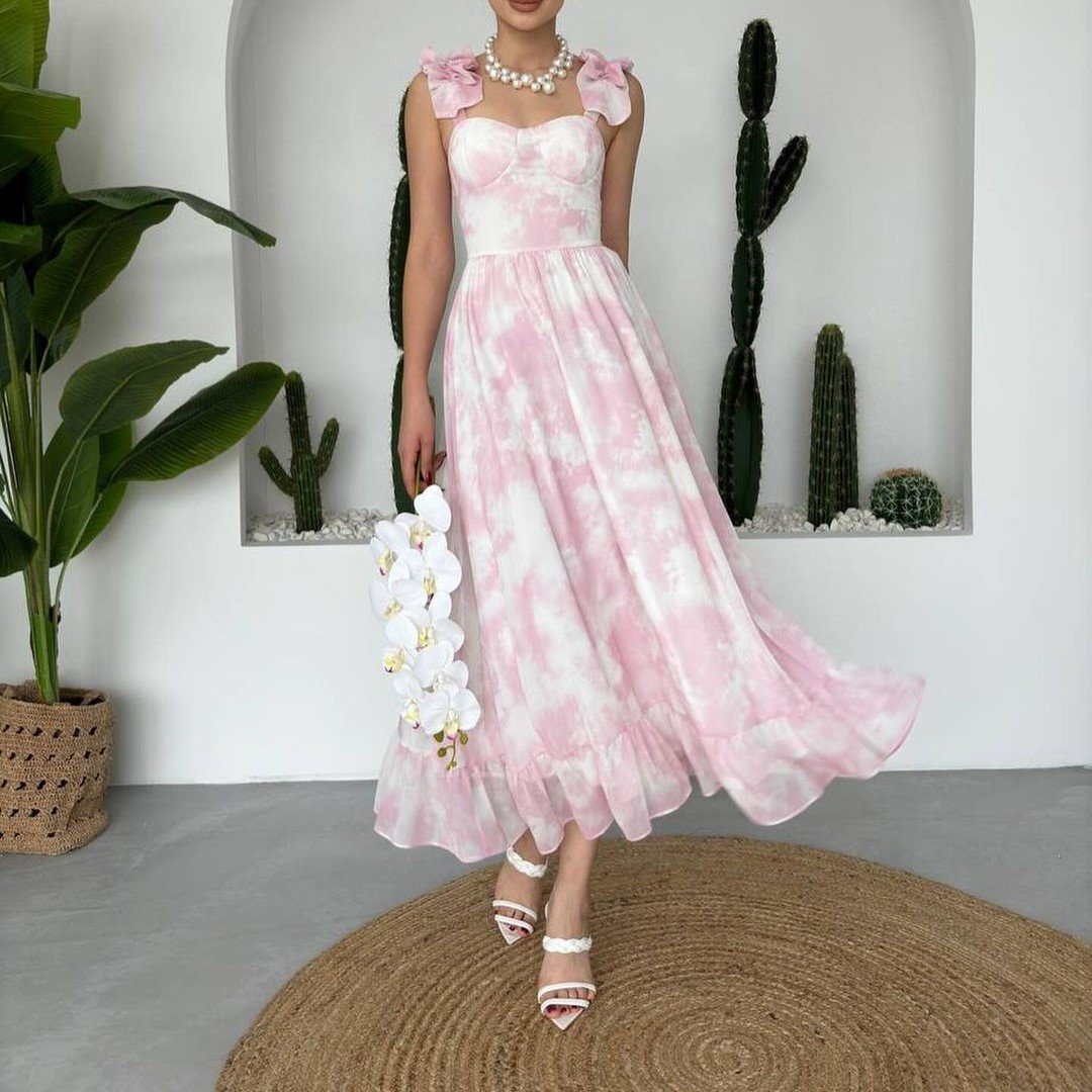 Pink Floral Chiffon Midi Dress