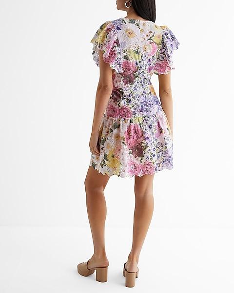 Floral Eyelet Flutter Sleeve Mini Fit And Flare Dress