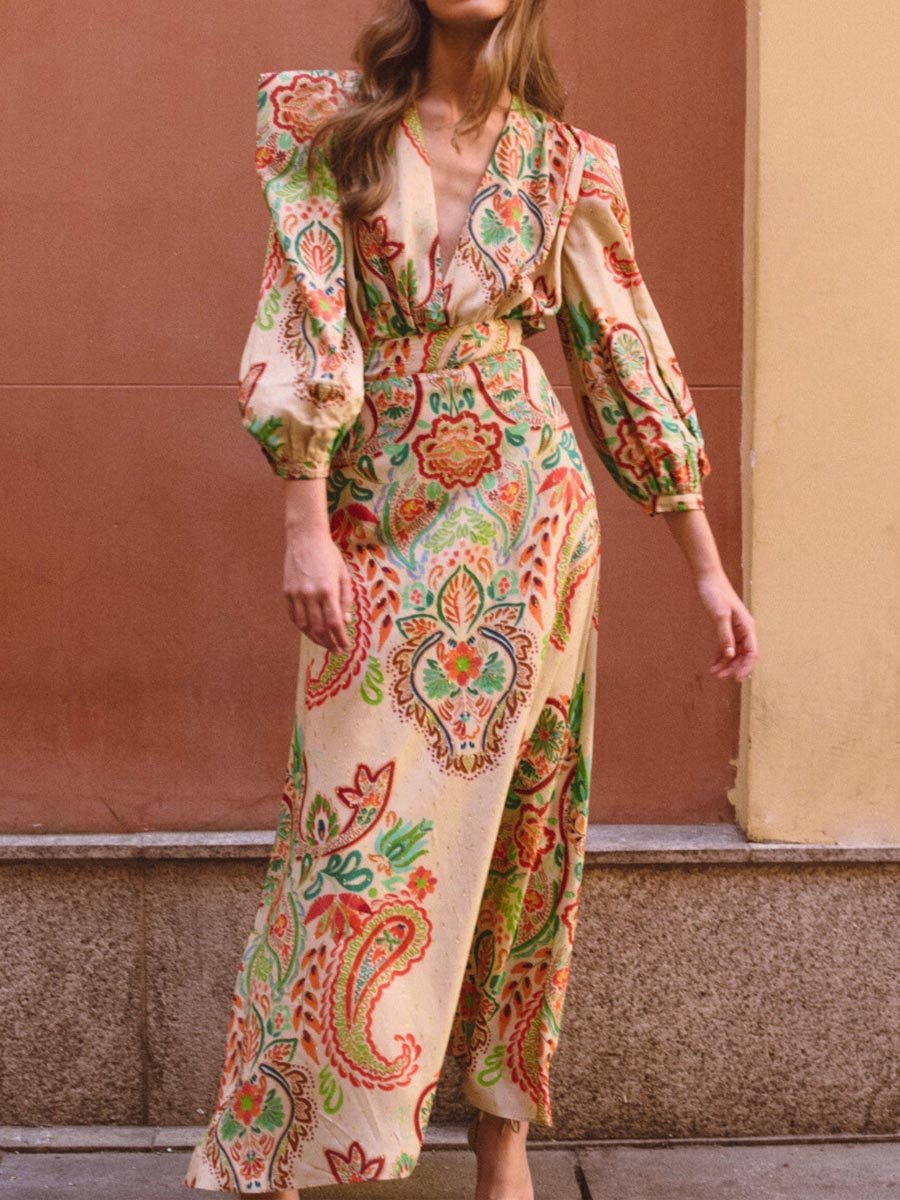 Deep V Neck Printed Long Sleeve Dress