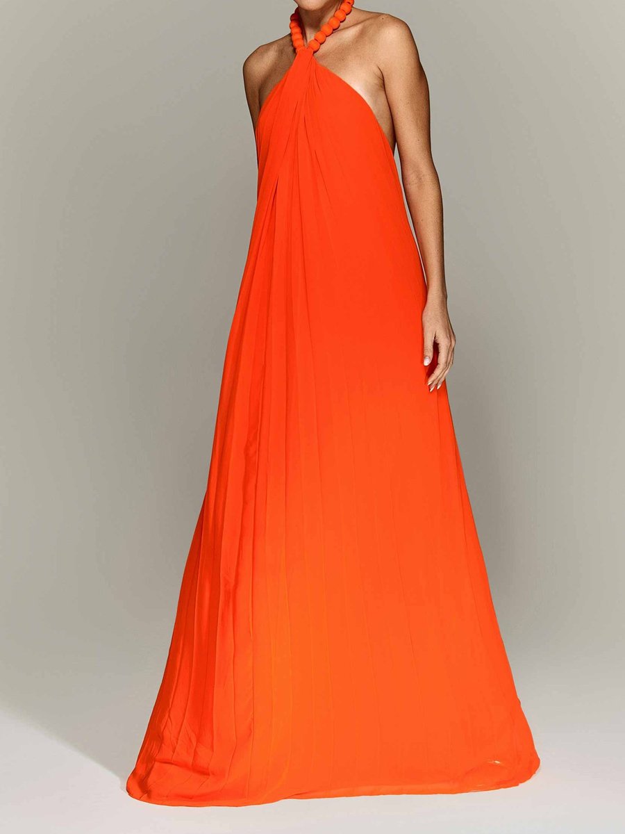 Halter Neck Backless Pleated Maxi Dress