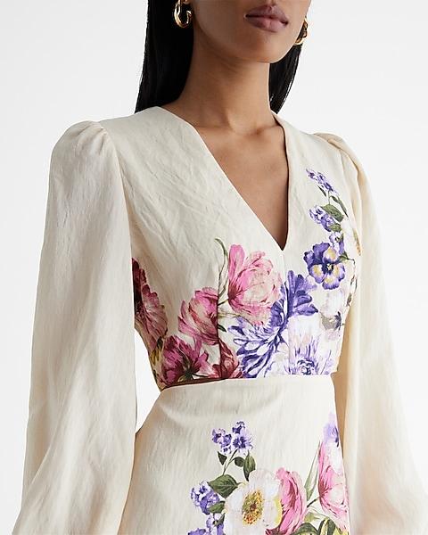 Floral V-Neck Long Puff Sleeve Cutout Mini Dress