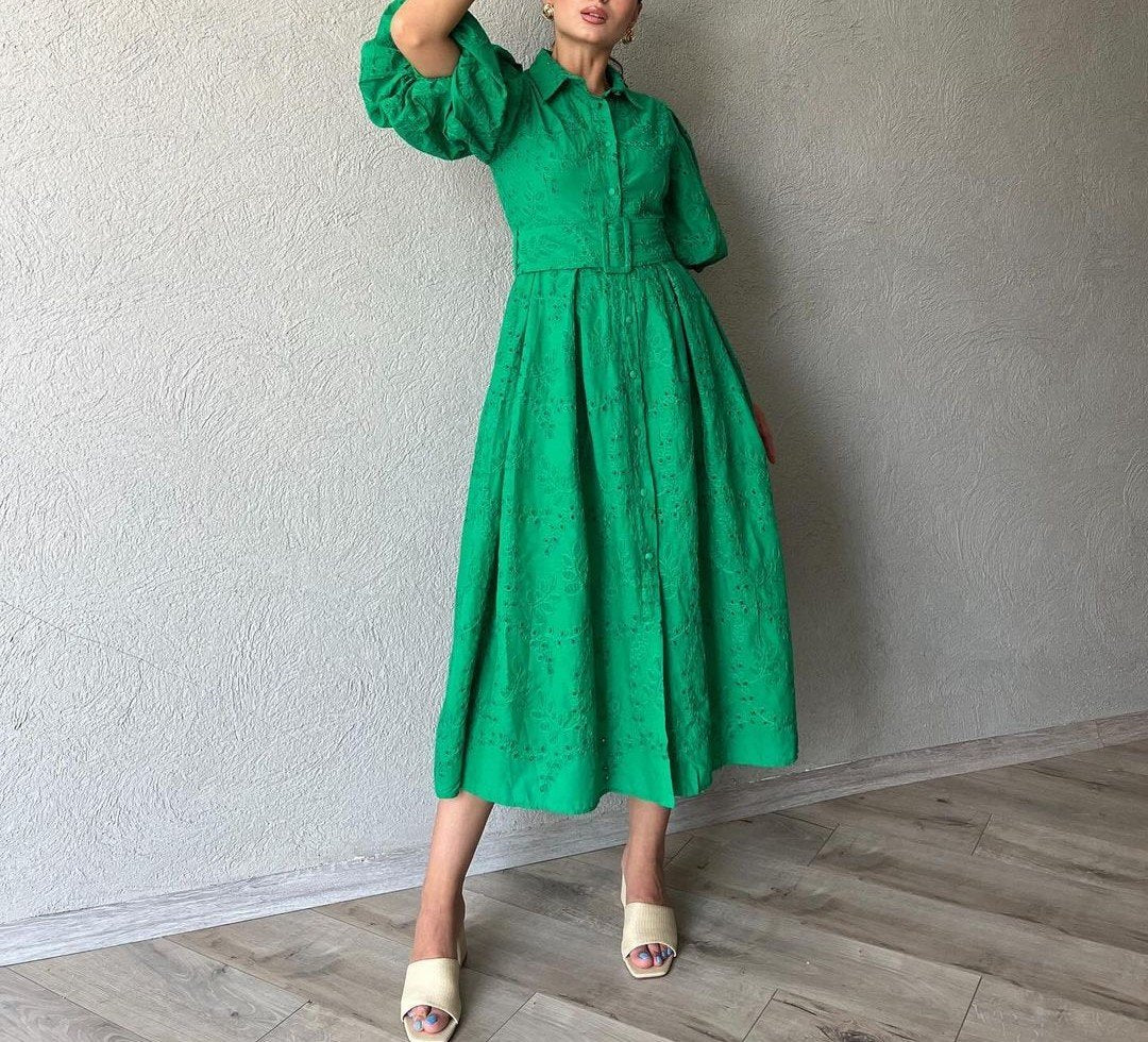 Green Bubble Sleeve Midi Shirt Dress