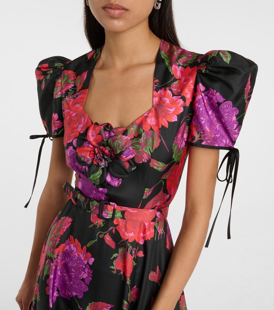 Printed Bubble Sleeve Silk Midi Dress