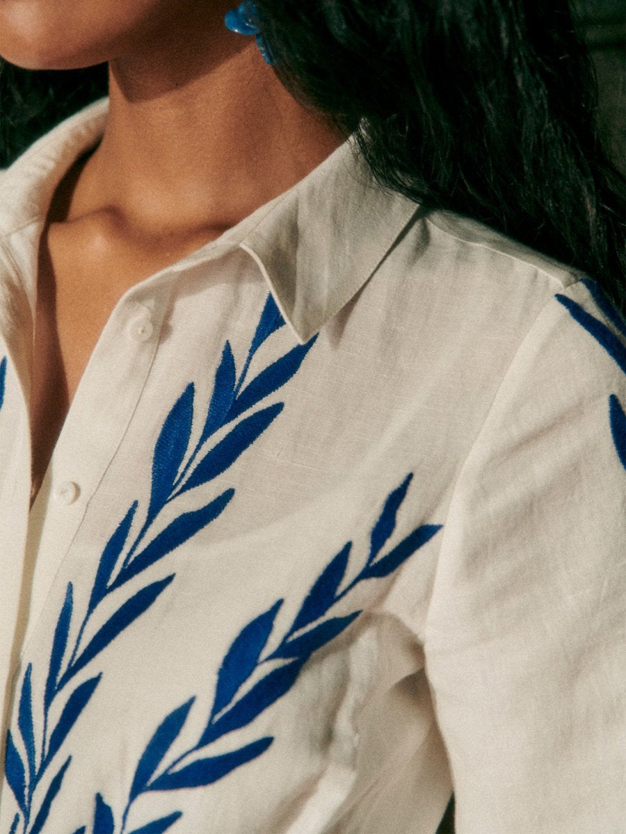 Leaf Embroidery Shirt Collar Midi Dress