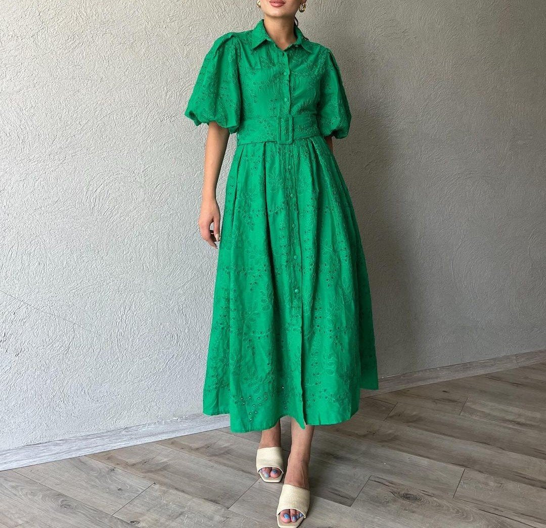 Green Bubble Sleeve Midi Shirt Dress