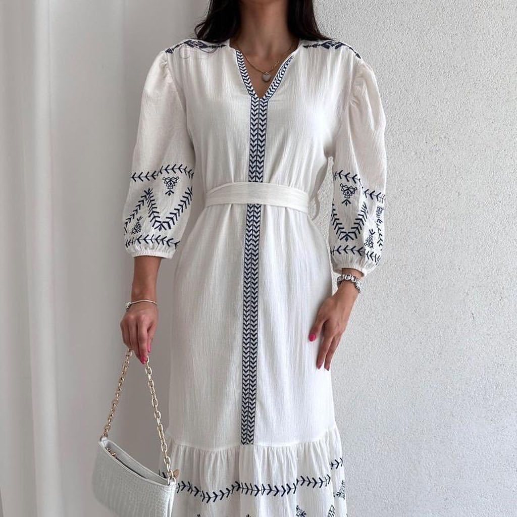 White Blue Embroidered Dress