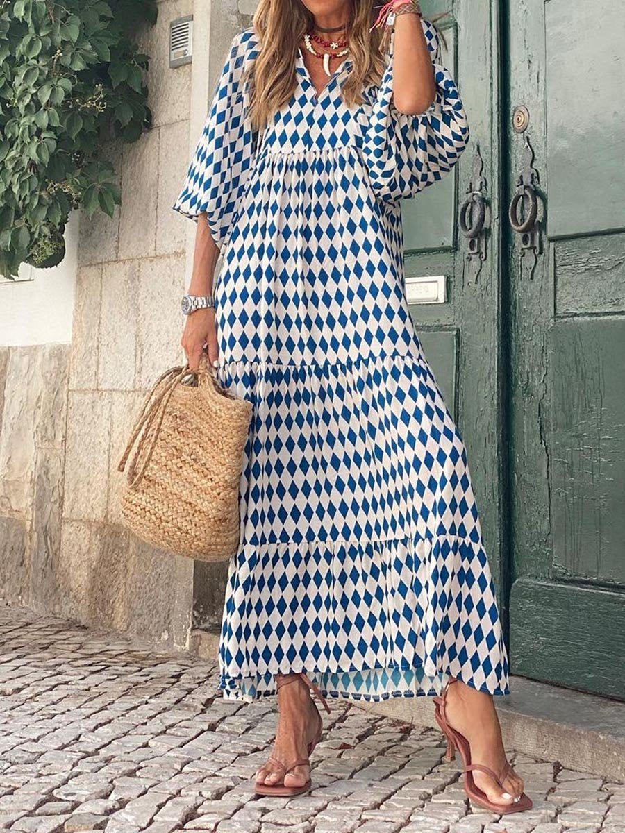 Geometric Print Bubble Sleeve Dress