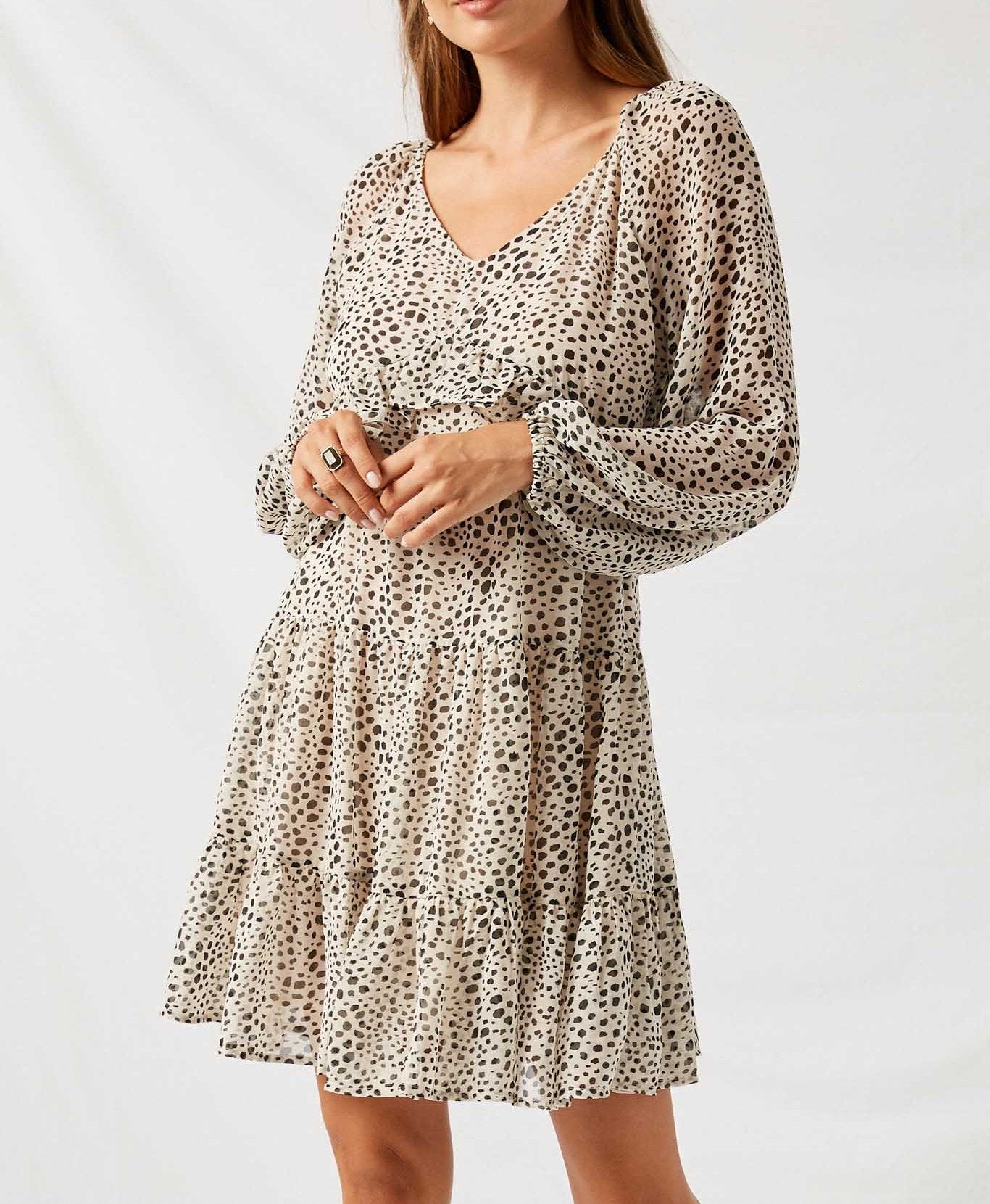 Dotted Puff Sleeve Ruffle Dress