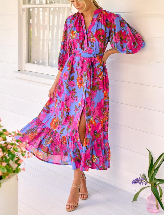 V-Neck Printed Shirt Long Dress