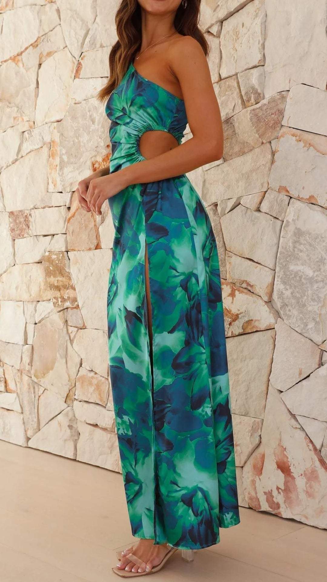 Green & Blue Floral Printed One Shoulder Midi Dress