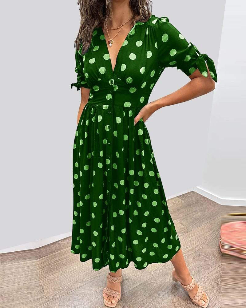 Deep V-neck Polka-dot Dress