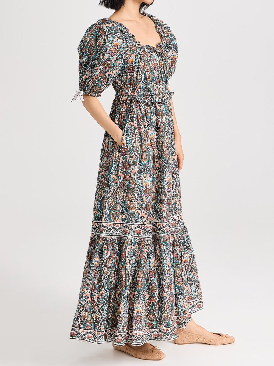 Printed Ruffled Puff Sleeve Maxi Dress