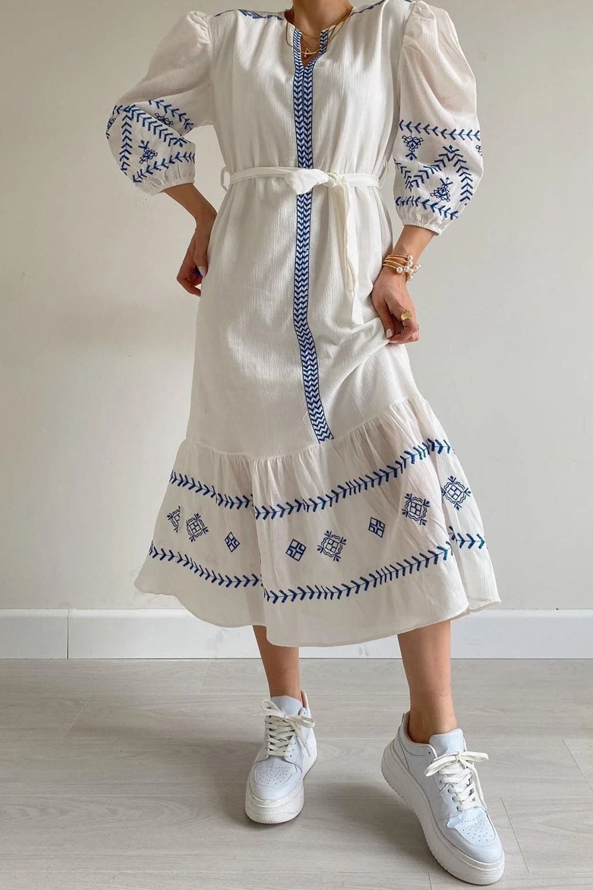 White Blue Embroidered Dress