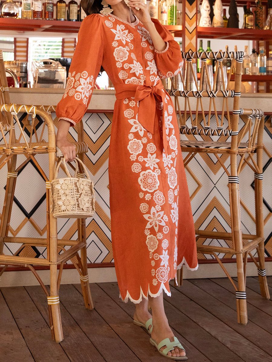 Printed Embroidered Long Sleeve Maxi Dress