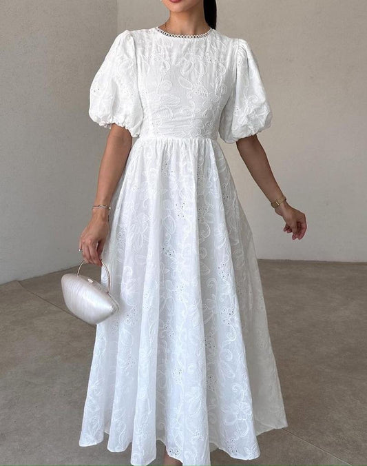 White Lace Bubble Sleeve Dress