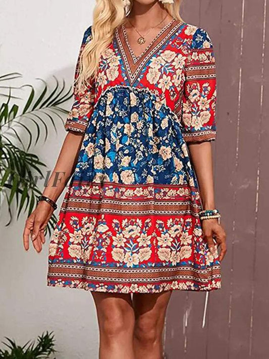 Summer Short Sleeve V Neck Mini Dress