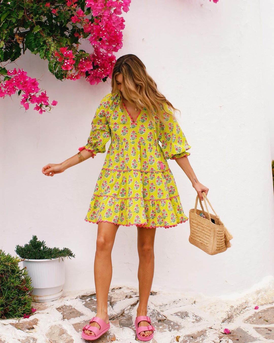 Yellow V Neck Printed Mini Dress