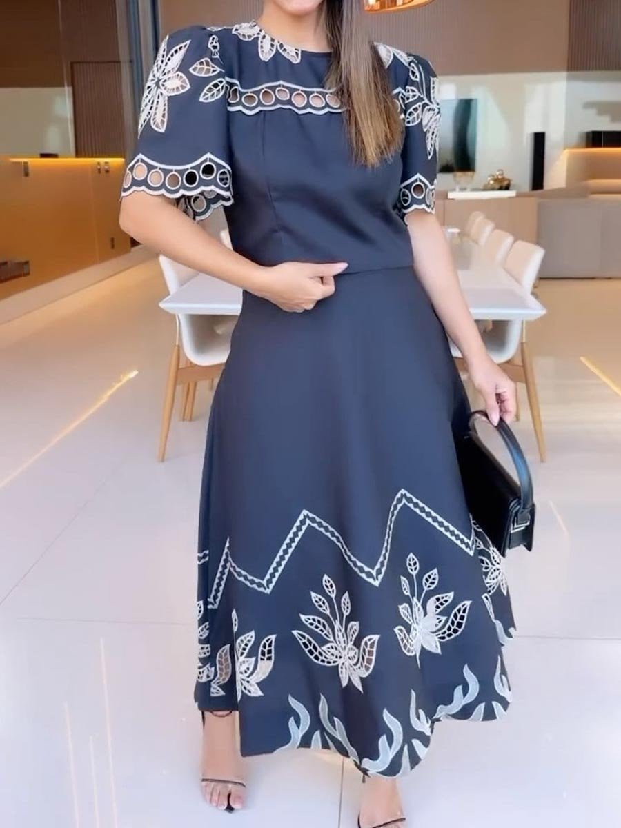 Embroidery Puff Sleeve Two Pieces Dress