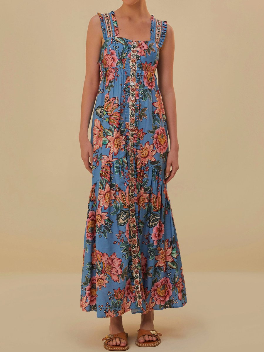 Ruffled Printed Sleeveless Maxi Dress