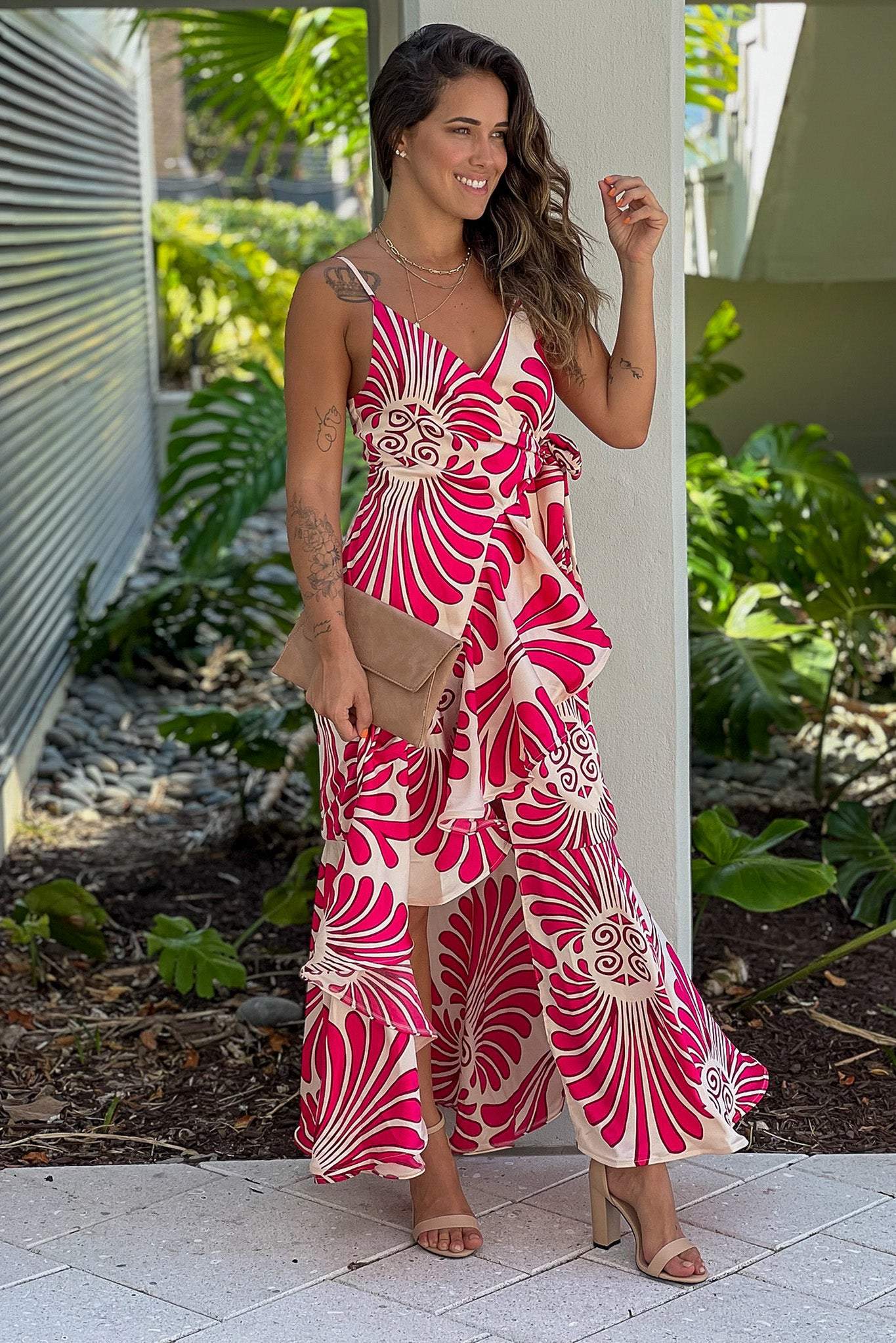 PINK AND CREAM PRINTED WRAP DRESS