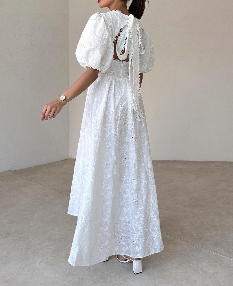 White Lace Bubble Sleeve Dress