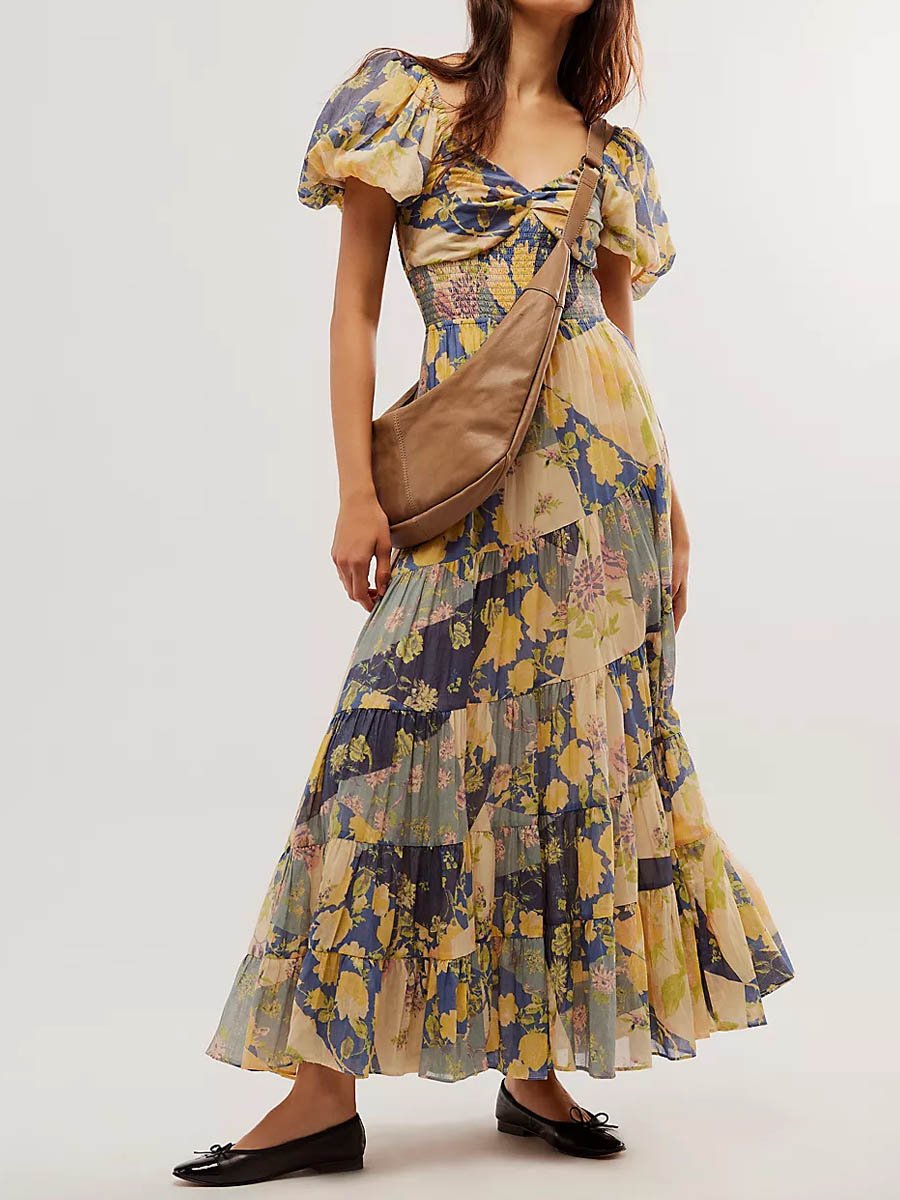 Digital Printed Bohemian Floral Patchwork V Neck Dress