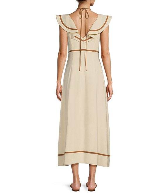 Flounce Shoulder Tie Neck Cut Out Linen Blend Dress