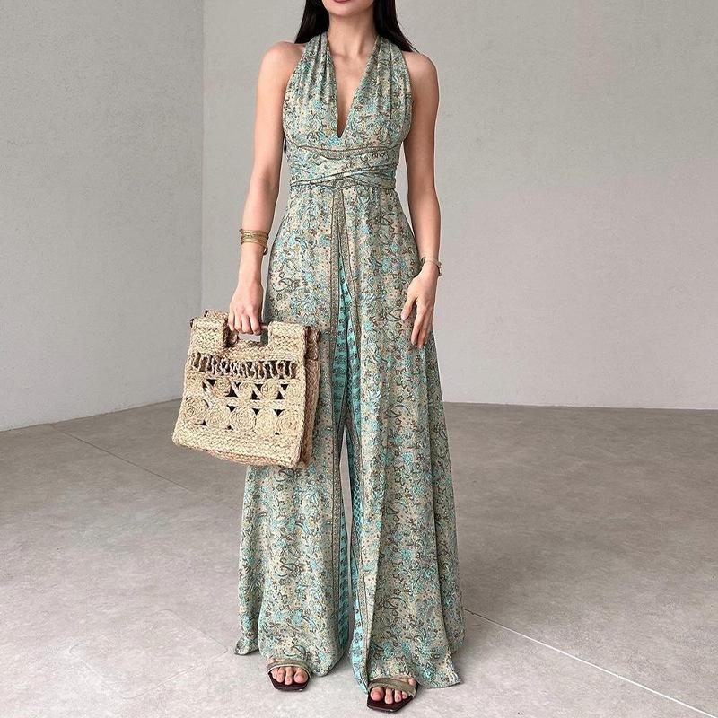 Backless Tie-Drawn Print Jumpsuit